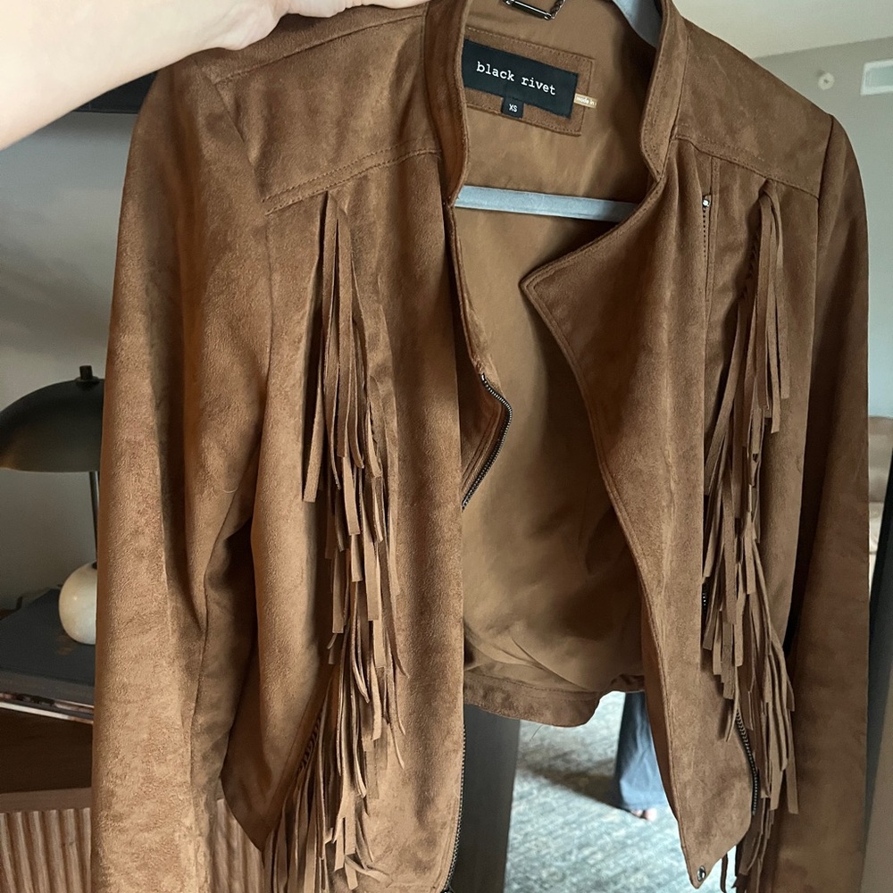 Black Rivet Tan Leather Jacket with Fringe - Picture 7 of 7